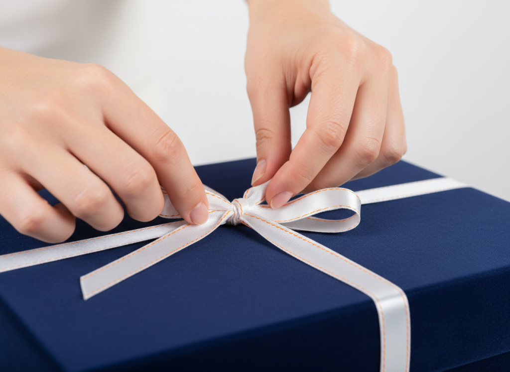 Finition ruban sur coffret cadeau